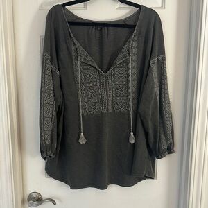 Lucky brand boho embroidered top XXL 100% cotton grey
